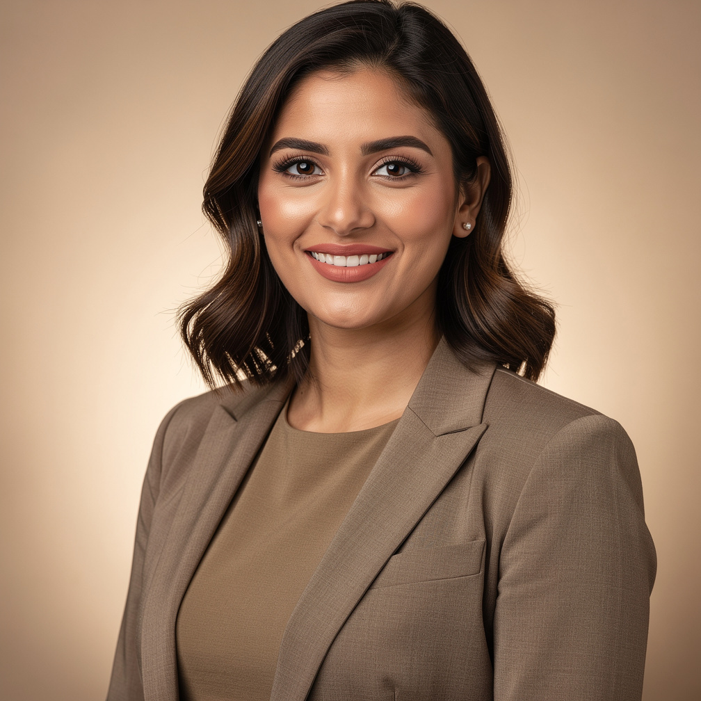 Studio portrait of a smiling Chilean woman