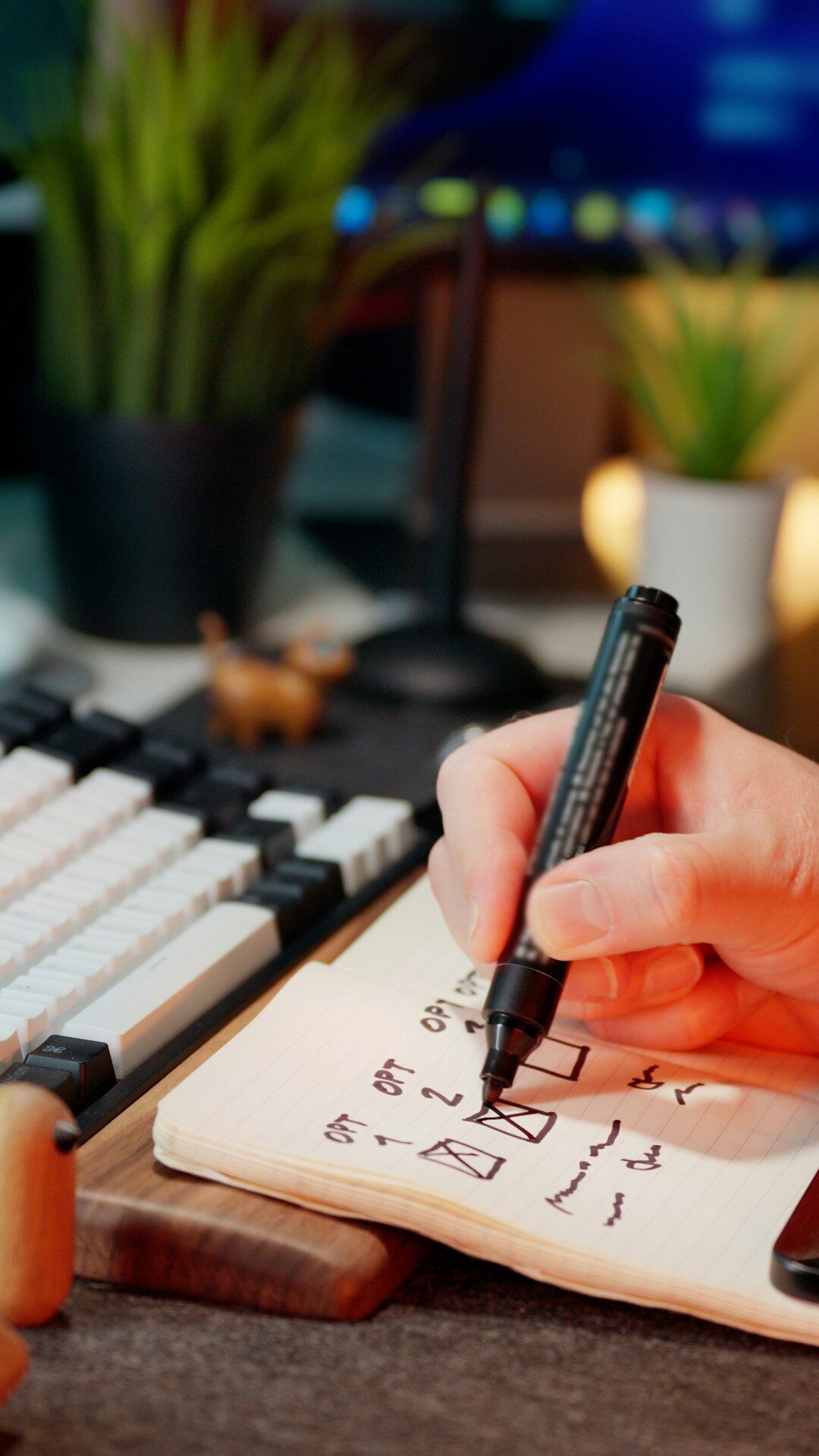 person writing in notebook at home